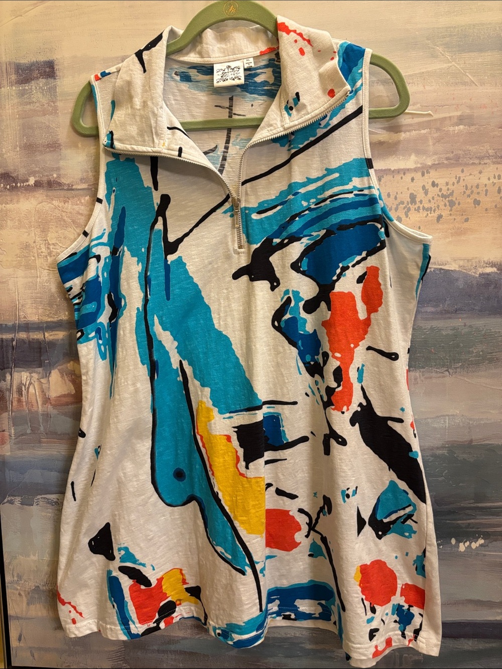 Parsley & Sage White Dress with Blue, Orange & Yellow Abstract Print
